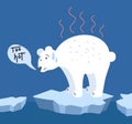 Global warming. Cartoon doodle illustration of a sad bear on melted ice with speech bubble. Too hot. World problem Royalty Free Stock Photo