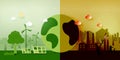 Global warming and climate change concept.Half world of polluted and green environment background.Paper art of ecology and