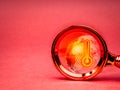 Global warming and climate change concept. Hot weather thermometer with arrow on high temperature symbol on glass earth globe on Royalty Free Stock Photo