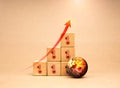 Global Warming, climate change, greenhouse effect, environmental sustainable responsibility concept. Red arrow rise on wooden cube Royalty Free Stock Photo