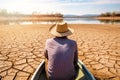 global warming climate change and water scarcity concept. man sitting in the boat on dry cracked earth