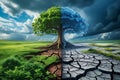 Global warming concept and climate change. Half bare tree on barren ground of a desert, Royalty Free Stock Photo