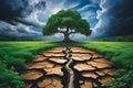 Global warming concept and climate change. Half bare tree on barren ground of a desert, Royalty Free Stock Photo