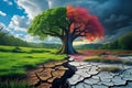 Global warming concept and climate change. Half bare tree on barren ground of a desert, Royalty Free Stock Photo
