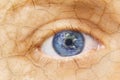 Global warming concept. Close up image of woman cracked textured face with iris earth. Creative composite of macro Eye Royalty Free Stock Photo
