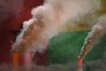 dense smoke of plant chimneys on Guinea-Bissau flag - global warming concept, background with place for your logo - industrial 3D