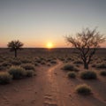 Global warming concept. Lonely dead tree under dramatic evening sunset sky at drought cracked desert landscape made