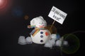 Global warming. Concept made with snowman, ice cubes, protest sign.