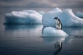 Global Warming Concept with Penguin on a Stranded Melting Iceberg emphasizing the danger of Global Warming