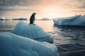 Global Warming Concept with Penguin on a Stranded Melting Iceberg emphasizing the danger of Global Warming