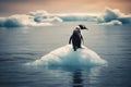 Global Warming Concept with Penguin on a Stranded Melting Iceberg emphasizing the danger of Global Warming