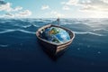 Global warming concept with planet Earth in boat in ocean. Global warming causes climate change