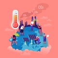 Global Warming Concept. Tiny Characters Care of Plants on Earth, Factory Pipes Emitting Smoke, Thermometer Royalty Free Stock Photo