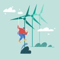 Global Warming Concept. Worker Doing Maintenance of Windmills. Green City Wind Turbines, Eco-friendly Electricity Royalty Free Stock Photo