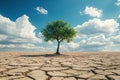 Global warming and deforestation effects highlighted by a single tree standing in a dry, cracked desert, Generated AI Royalty Free Stock Photo