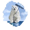 Global warming digital art illustration isolated on white. Polar bear sitting on last ice cliff with umbrella in hands, abstract Royalty Free Stock Photo