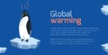 Global warming. Horizontal card with cartoon doodle illustration of sad penguin on melting cracked ice. World problem.