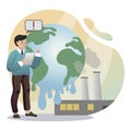 Global warming illustration. Man, earth, factory. Editable vector graphic design. Royalty Free Stock Photo