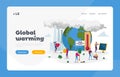 Global Warming Landing Page Template. Characters Care of Plants on Earth with Factory Pipes Emitting Smoke Royalty Free Stock Photo