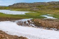 Global warming melting snow in to flow river - green grass Royalty Free Stock Photo