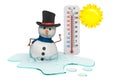 Global warming, melting snowman with thermometer and sun. 3D rendering