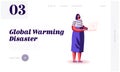 Global Warming and Nature Pollution Problem Website Landing Page. Woman with Laptop Analysing Worldwide Situation