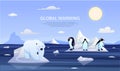 Global warming. Polar bear and penguin. Glaciers melting. Greenhouse effect. North pole. Antarctica and Arctic icebergs