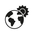 Global Warming Silhouette Icon. Globe and Sun, Heat Wave Glyph Pictogram. Hot Temperature of Planet Earth Symbol Royalty Free Stock Photo