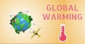 Global Warming text and thermometer icon against spinning globe and plane on orange background