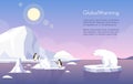 Global warming vector banner template. North Pole, melting glaciers, penguins and polar bear on ice floe flat