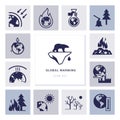 Global warming vector icons on the theme of ecology problems of our planet as a whole. Royalty Free Stock Photo