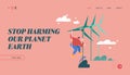 Global Warming Website Landing Page. Worker Doing Maintenance of Windmills. Green City Wind Turbines, Eco-friendly