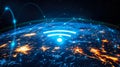 Global Wi-Fi Network Connectivity Concept Illustrating a High-Speed Wi-Fi 7 Symbol Over a Glowing Earth with Network Lines and