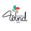 Global Wind Day card. Lettering with colorful pinwheel.