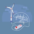 Global Wind Day. Lettering with cartoon wind turbine.