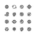 Global world, globe outline icons. Earth, map and travel simple line vector symbols