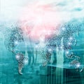 Global World Map Double Exposure Network. Telecommunication, International business Internet and technology concept Royalty Free Stock Photo
