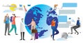 Globalisation vector illustration. Scheme how world connection community works. People talking and chatting all around the globe. Royalty Free Stock Photo