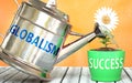 Globalism helps achieving success - pictured as word Globalism on a watering can to symbolize that Globalism makes success grow