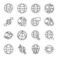 Globalization concept icons collection with various globe shapes and people connection symbols. Monoline simple vector icons set.