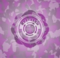 Globalization icon inside pink and purple camouflage emblem. EPS10