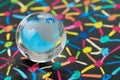 Globalization, social network or connectivity world concept, small decoration globe with colorful pastel link and connect chalk l Royalty Free Stock Photo