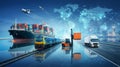 Globalization and worldwide logistics network concept with international cargo transport and connected world map Royalty Free Stock Photo