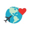 Globe and airplane with hearts, world travel love concept, icon vector illustration