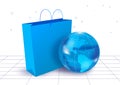 Blue carrier bag and blue globe side by side