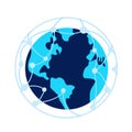 The globe is blue with blue continents and a geolocation and navigation grid.