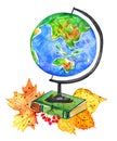 Globe, book and autumn leaves. Back to school composition. Hand drawn watercolor illustration Royalty Free Stock Photo