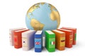 The globe and books languages learn and translate education concept books in colors of national flags 3d illustration.