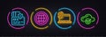 Globe, Card and Computer fingerprint minimal line icons. For web application, printing. Neon laser 3d lights. Vector