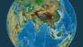 Globe centered on India. Physical map